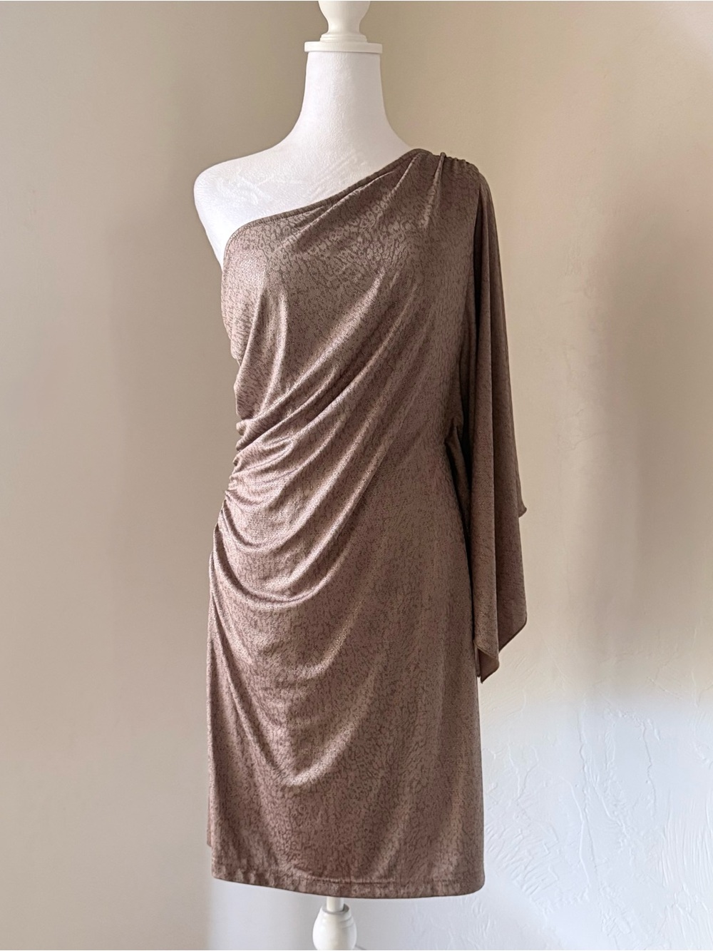 Hailey Shimmering Taupe Tan Metallic Silver One Shoulder Ruched Draped Dress 8